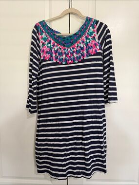 Lilly Pulitzer Navy & White Striped Long-Sleeve Dress with Teal and Pink Yoke